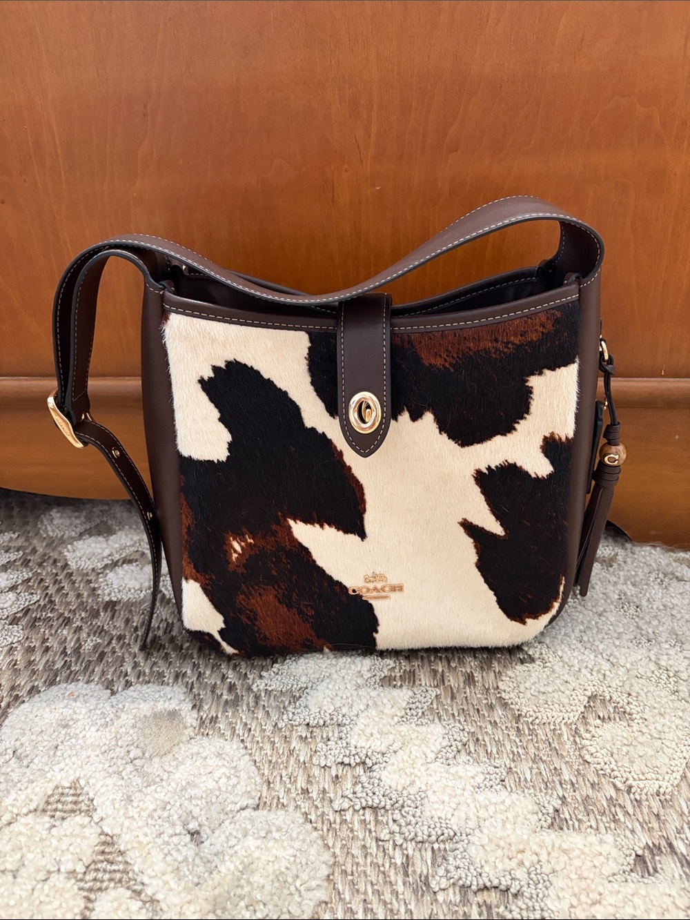 Coach Cowhide Patchwork Shoulder Bag in Brown, Black & White